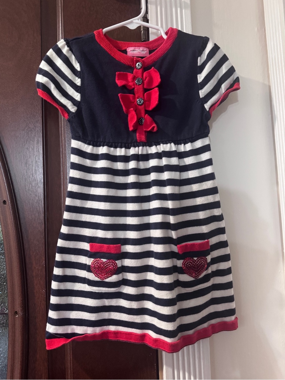 L.C WaikikiGirls Navy & White Striped Knit Dress with Red Trim and Heart Pockets